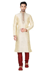 Buy Men's Art Silk Embroidery Kurta Set in Gold