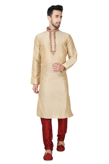 Buy Men's Art Silk Embroidery Kurta Set in Gold