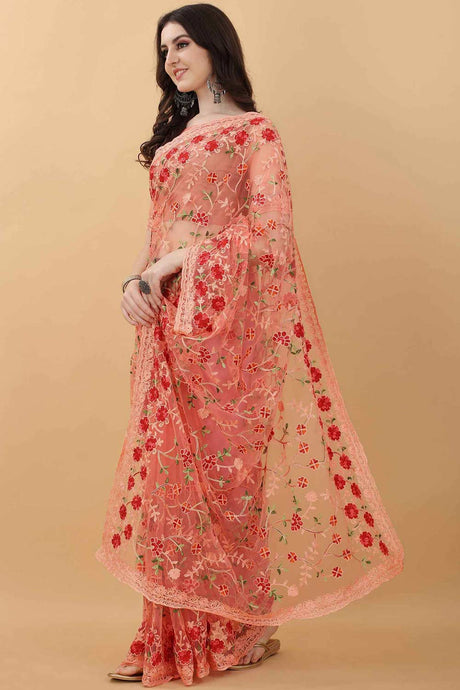 Designer Embroidery Net Peach Floral Saree