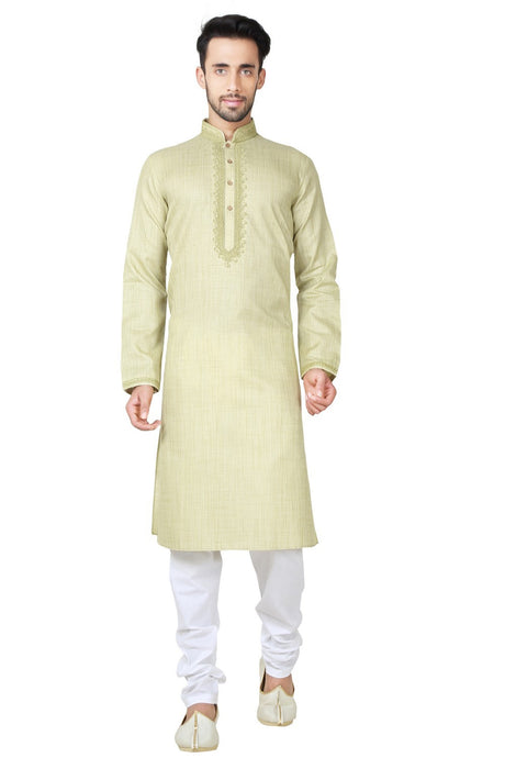 Buy Men's Linen Cotton Embroidery Kurta Set in Green