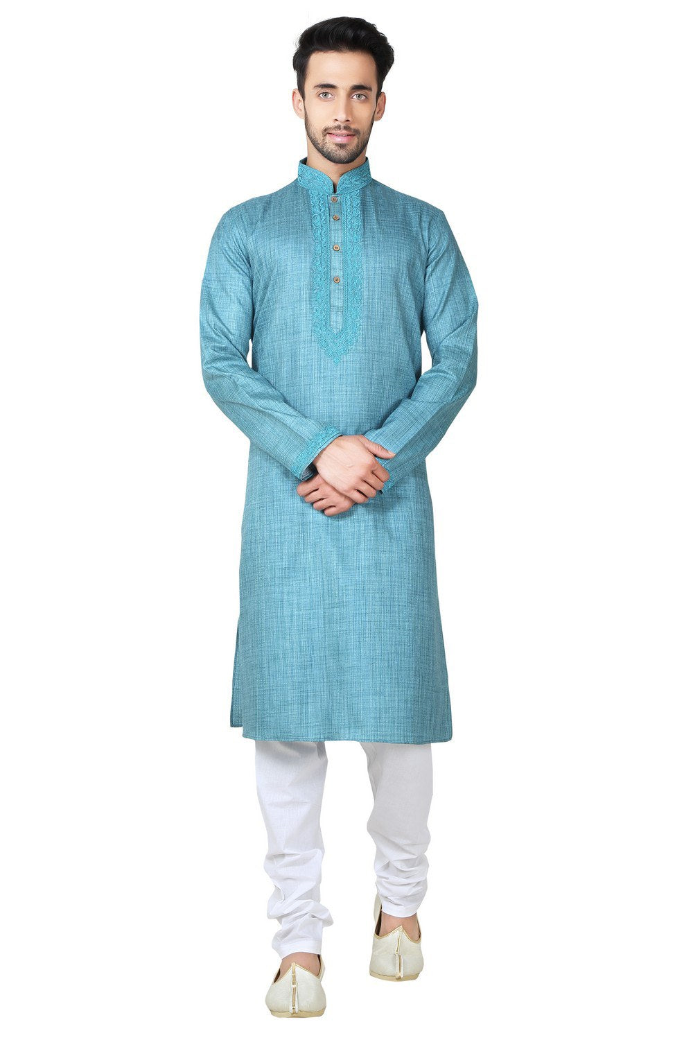 Buy Men's Linen Cotton Embroidery Kurta Set in Blue