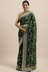 Georgette Zari Embroidered Saree In Bottle-Green