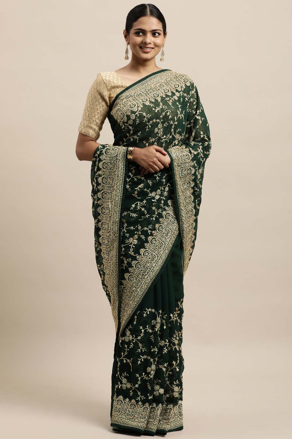 Georgette Zari Embroidered Saree In Bottle-Green