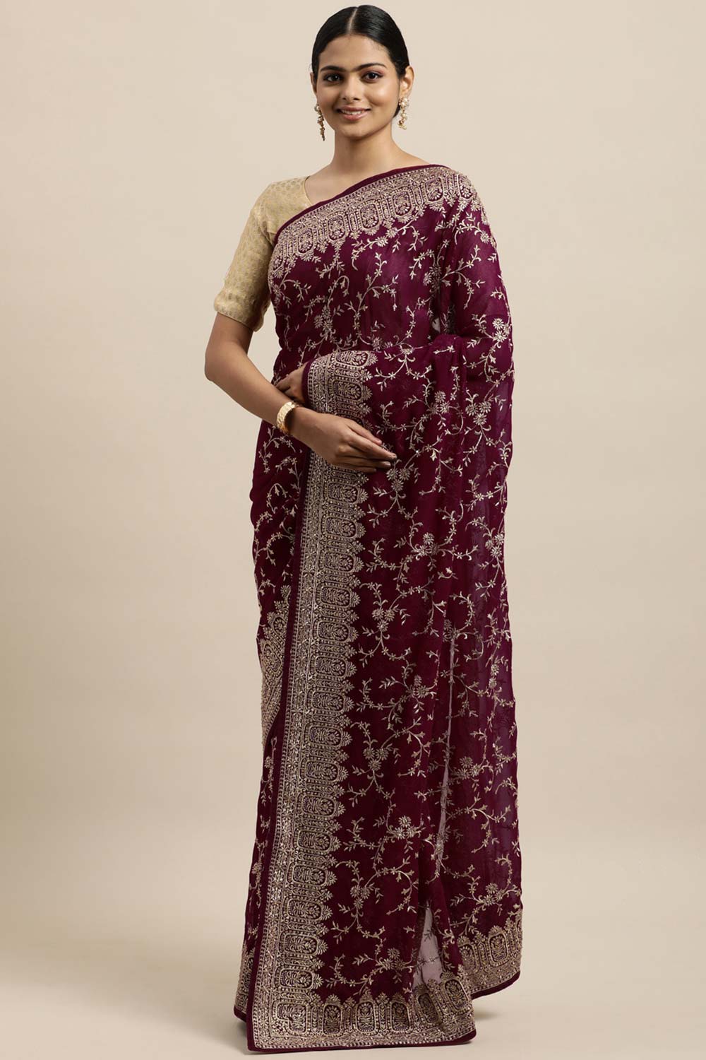 Georgette Zari Embroidered Saree In Cherry Purple