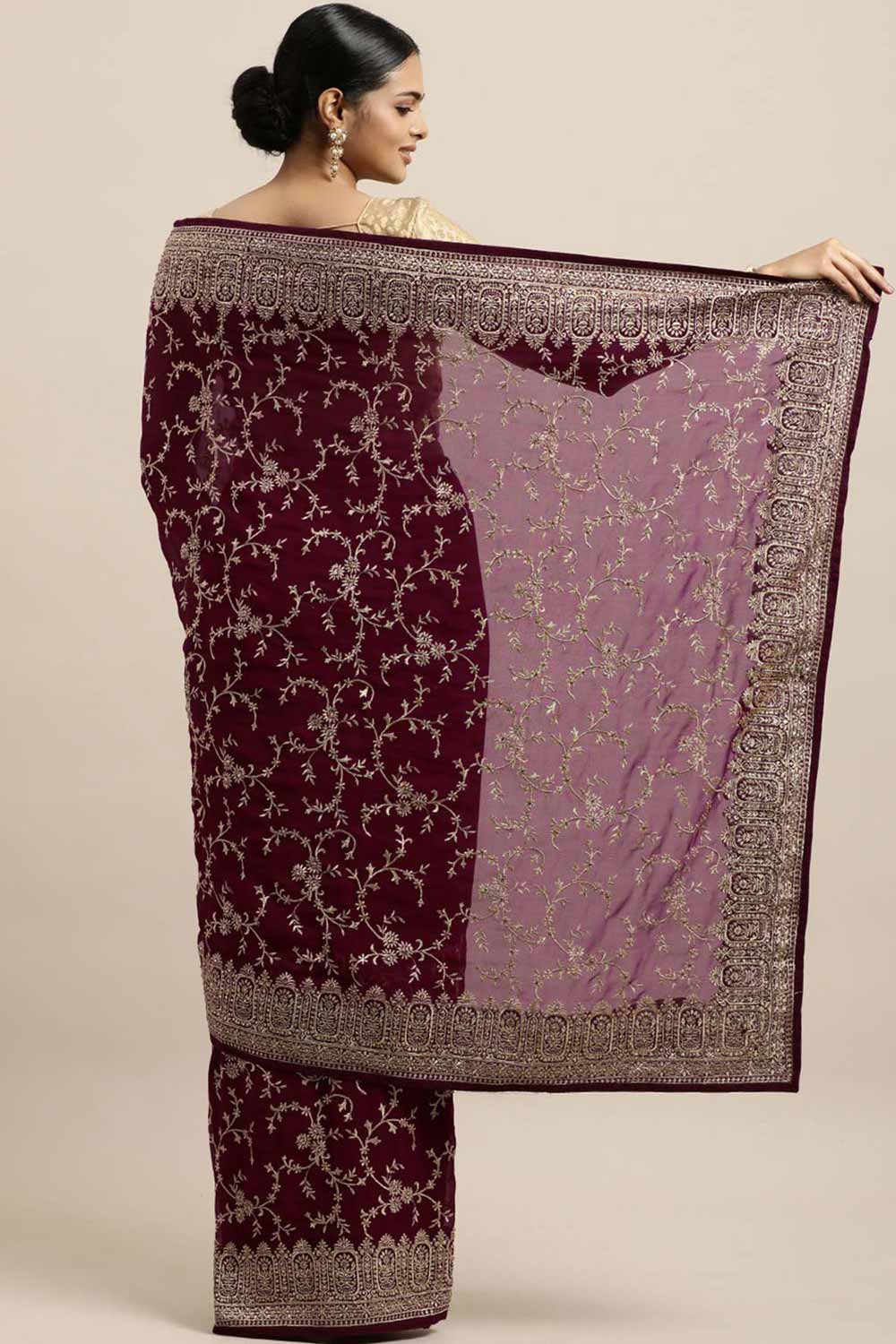 Georgette Zari Embroidered Saree In Cherry Purple