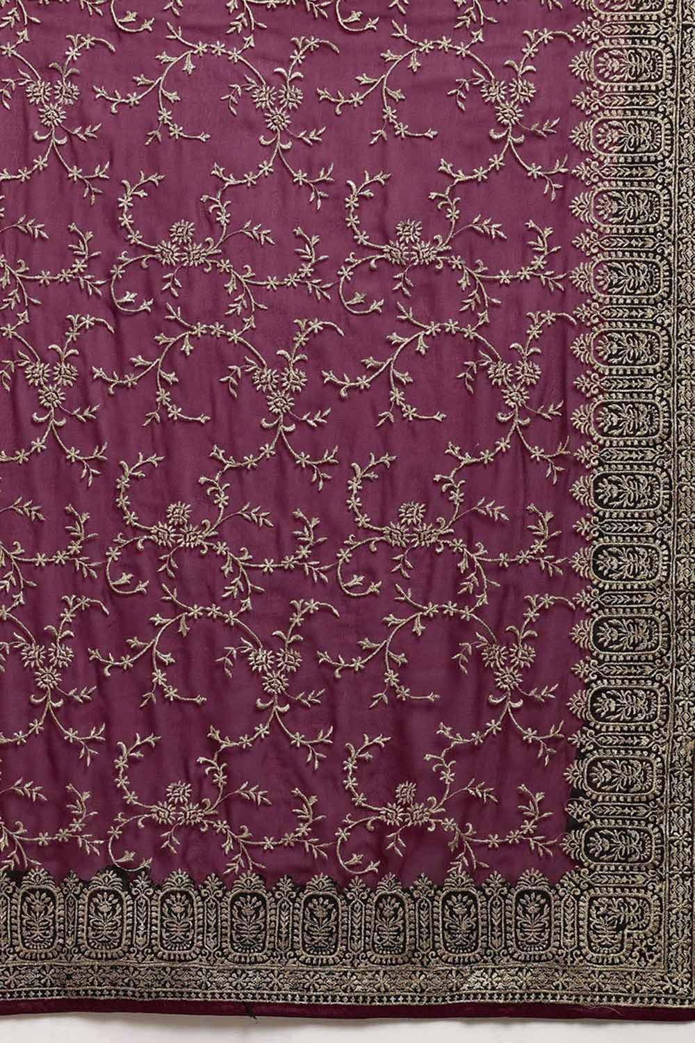 Georgette Zari Embroidered Saree In Cherry Purple