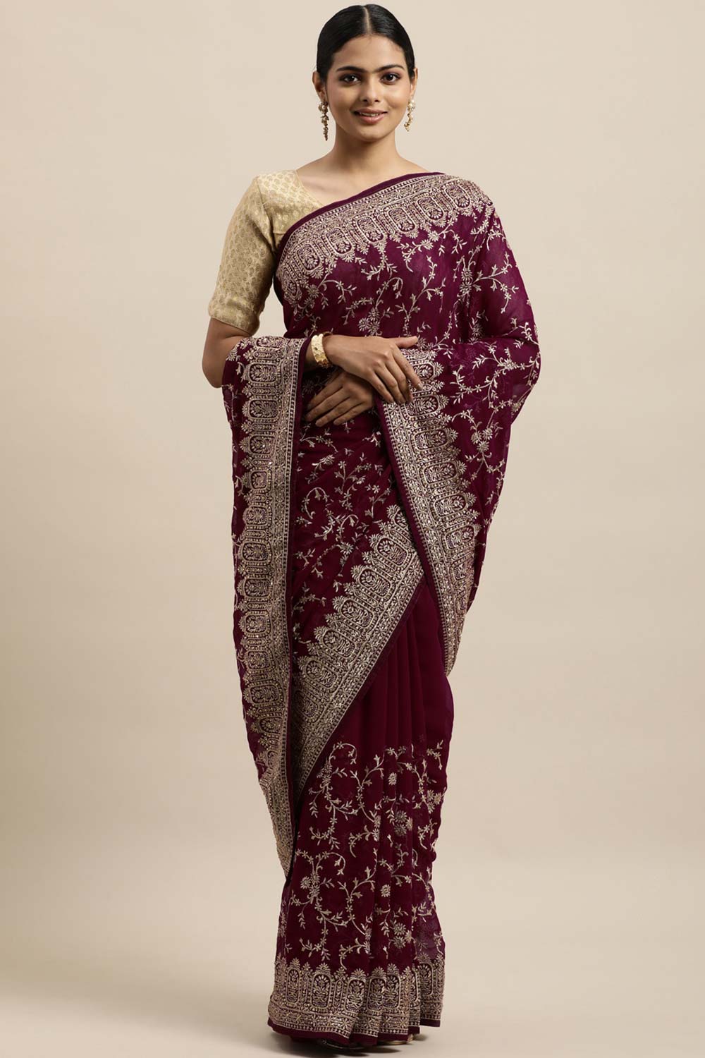 Georgette Zari Embroidered Saree In Cherry Purple