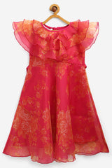 Girls Pink Organza Digital Print Kids Dress Kurta