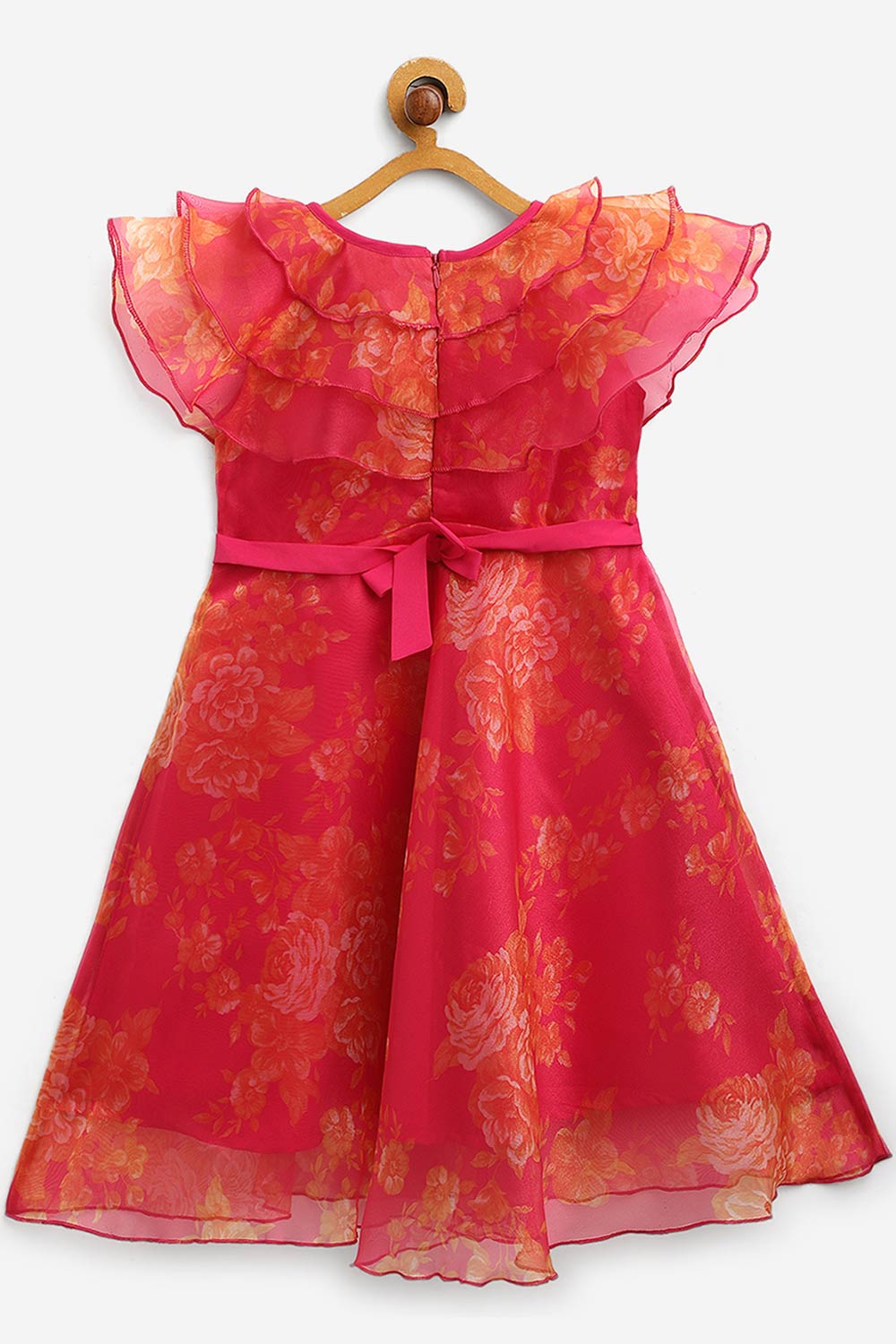 Girls Pink Organza Digital Print Kids Dress Kurta