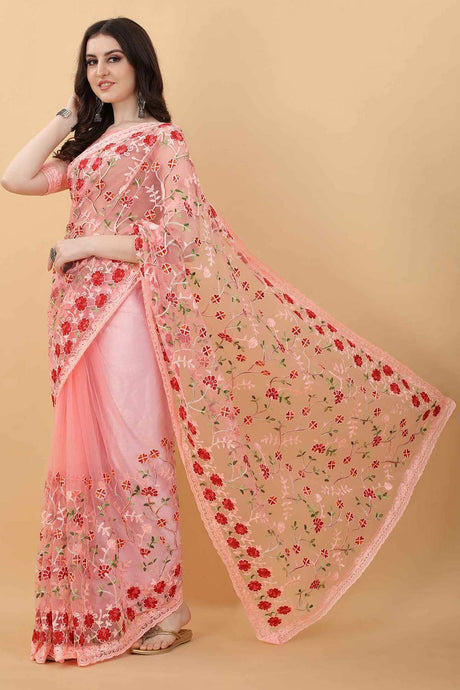 Designer Embroidery Net Pink Floral Saree