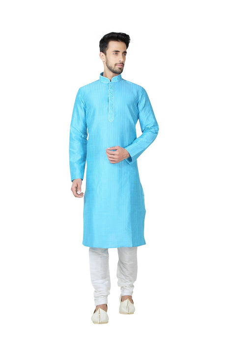 Buy Men's Art Silk Threading Kurta Set in Blue