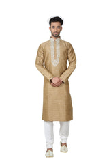 Buy Men's Art Silk Embroidery Kurta Set in Brown 