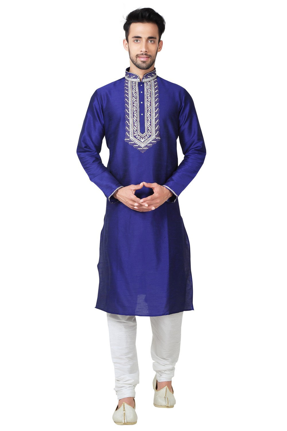 Buy Men's Art Silk Embroidery Kurta Set in Royal blue