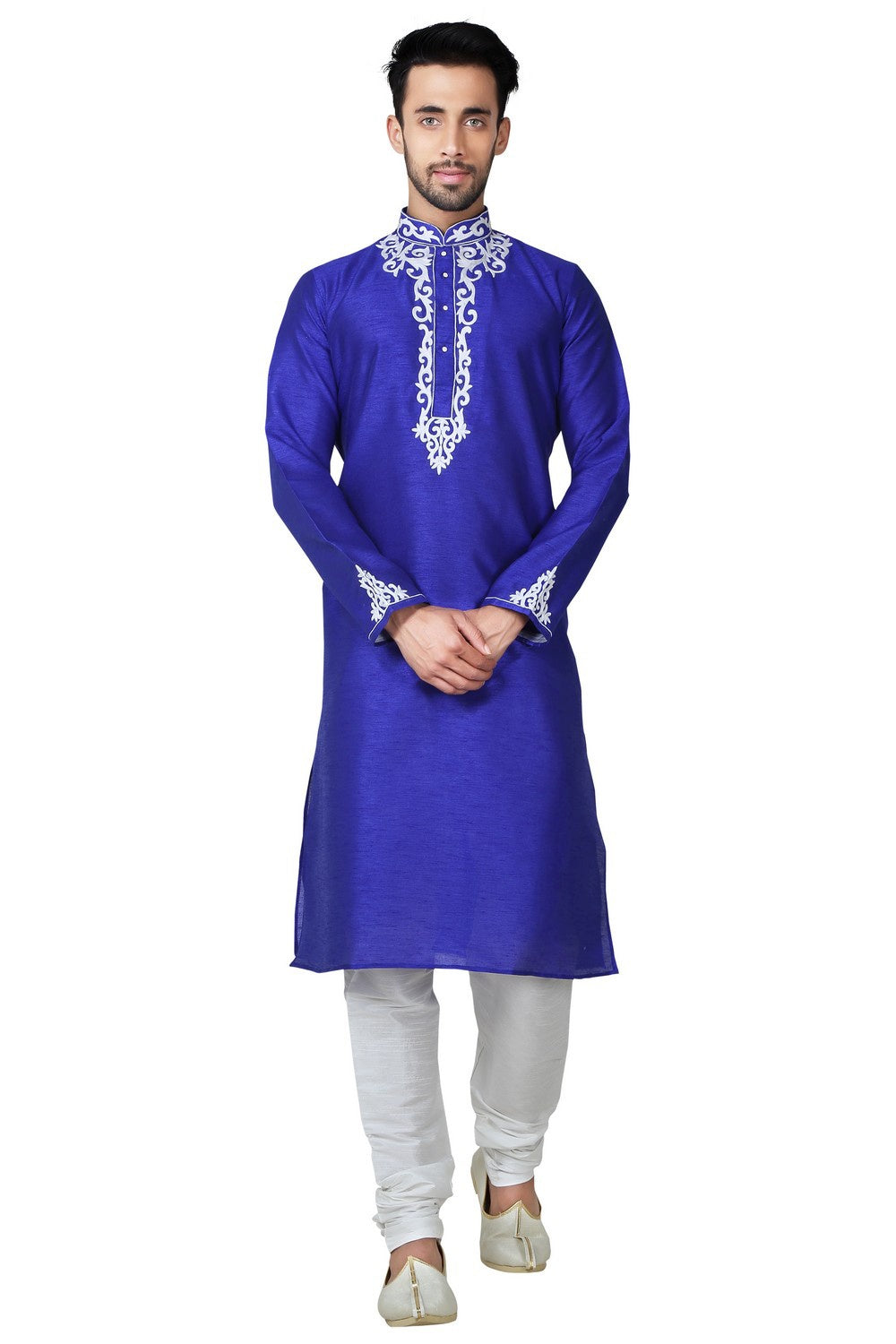 Buy Men's Bangalore Art Silk Embroidery Kurta Set in Royal blue