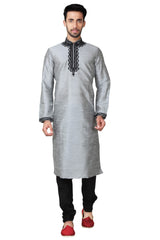 Buy Men's Art Silk Embroidery Kurta Set in Grey 