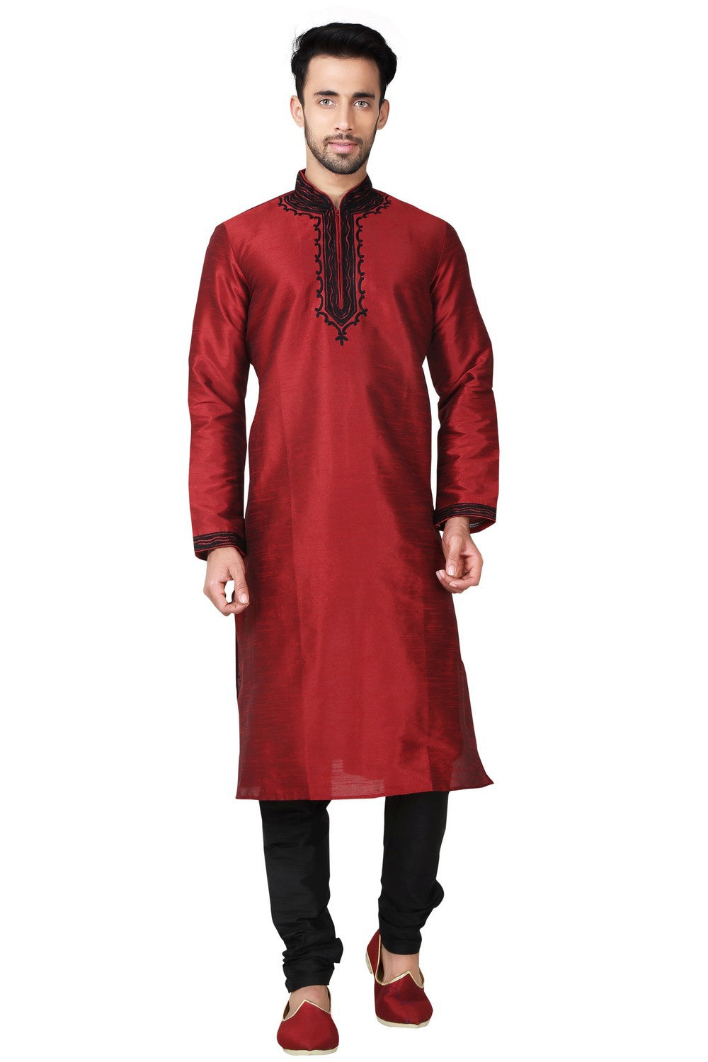 Buy Men's Art Silk Embroidery Kurta Set in Maroon