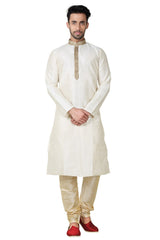 Buy Men's Art Silk Threading Kurta Set in Cream