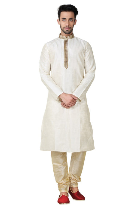 Buy Men's Art Silk Threading Kurta Set in Cream