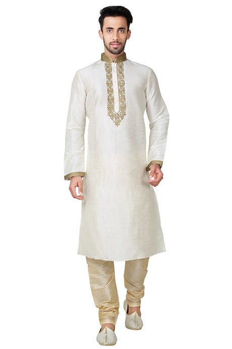 Buy Men's Art Silk Threading Kurta Set in White