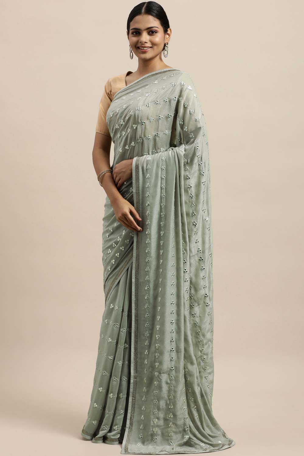 Chiclet Embroidered Saree In Grey