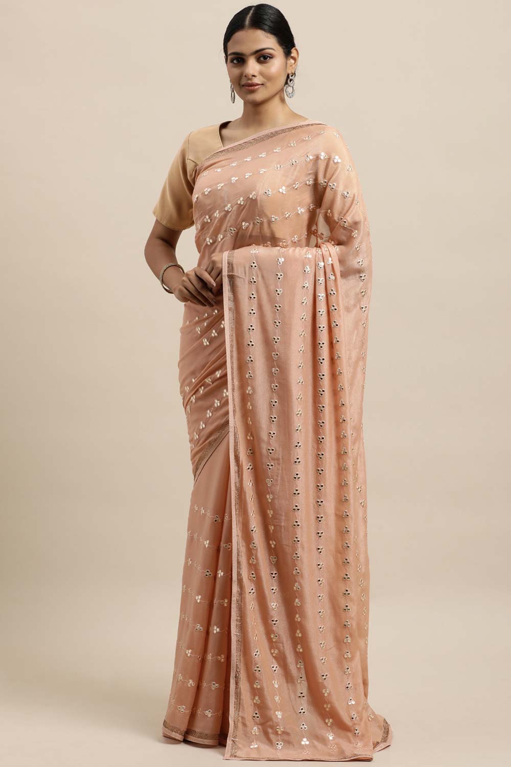 Chiclet Embroidered Saree In Peach