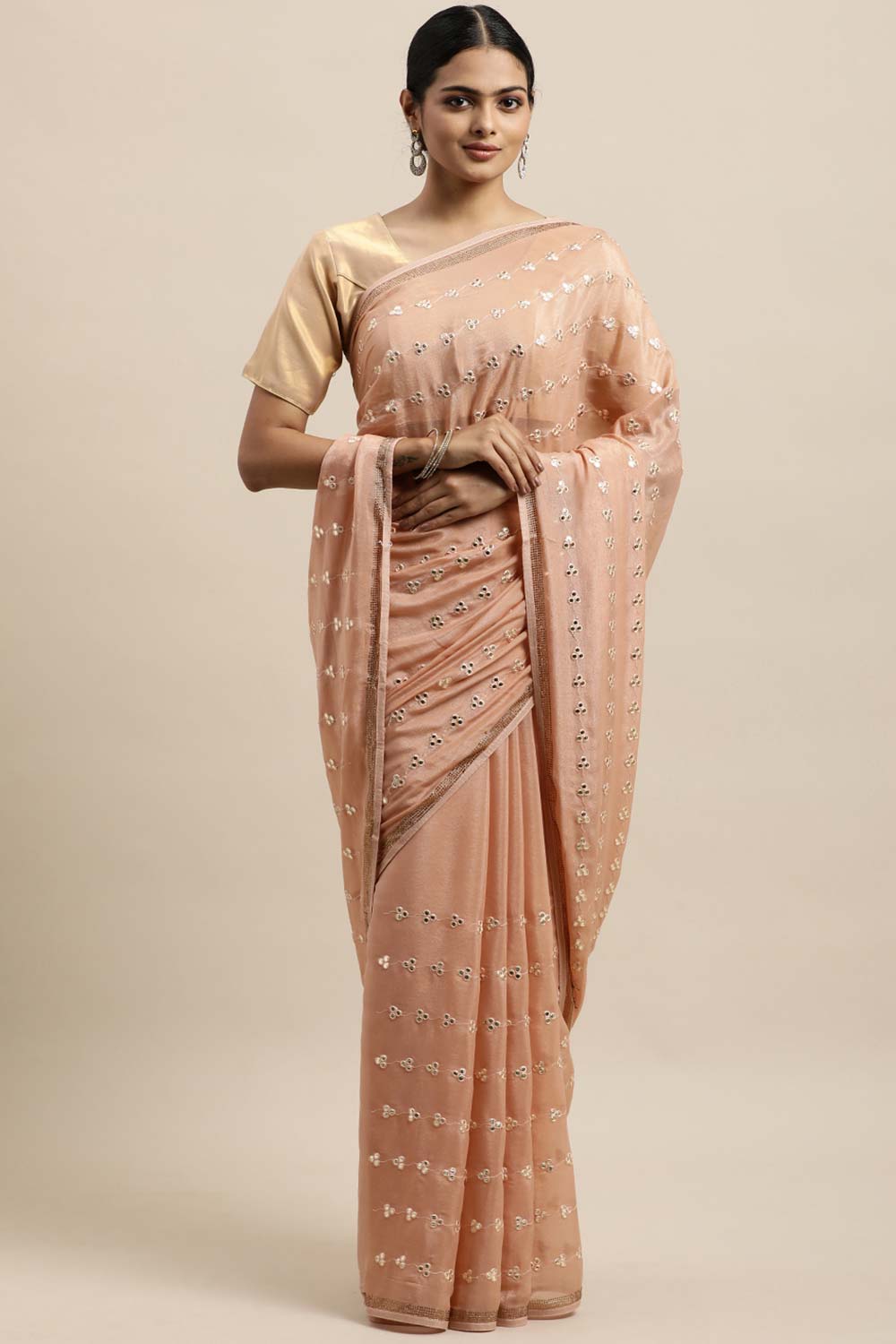 Chiclet Embroidered Saree In Peach