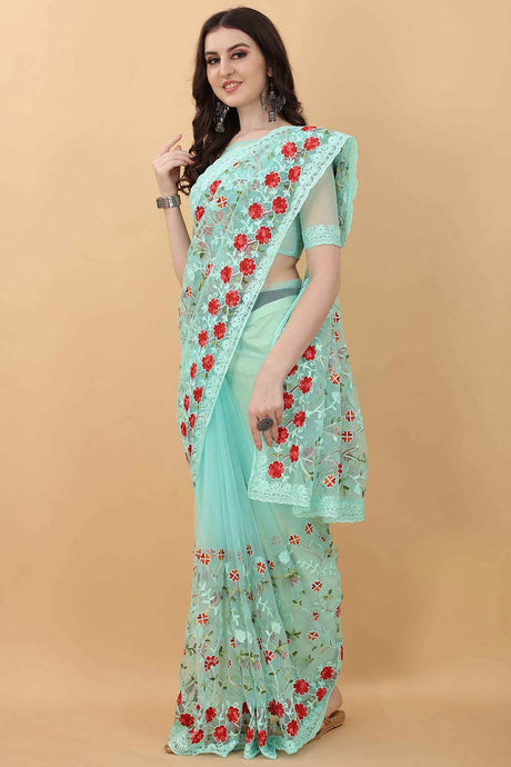 Designer Embroidery Net Sky Blue Floral Saree