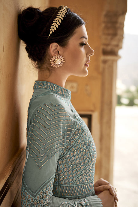 Net Embroidered Anarkali Dress Material In Grey