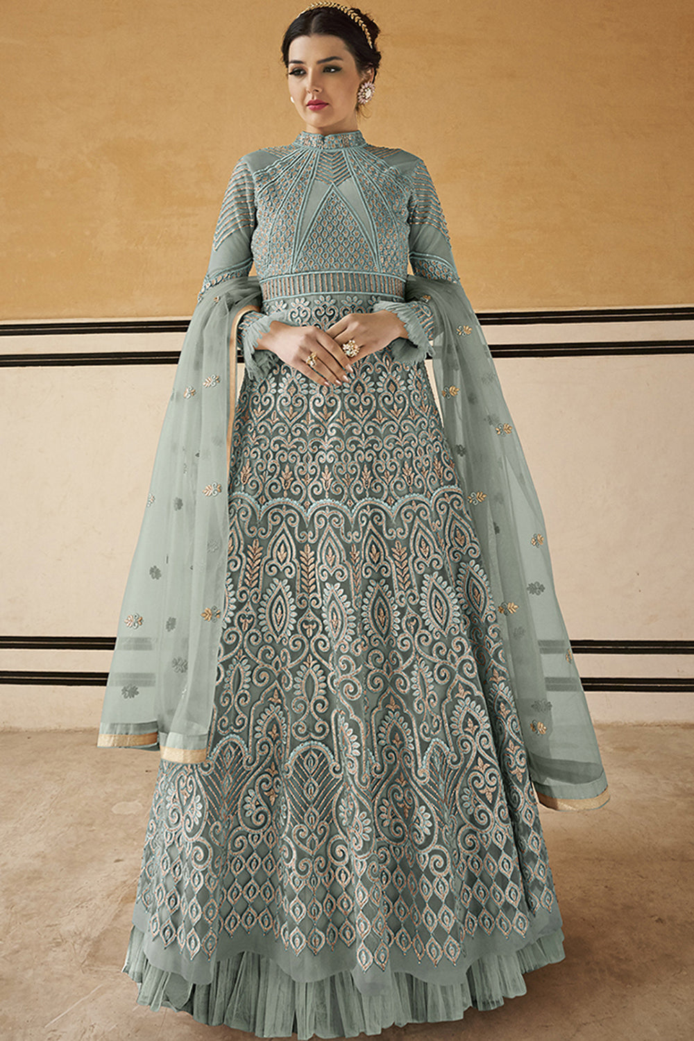 Net Embroidered Anarkali Dress Material In Grey