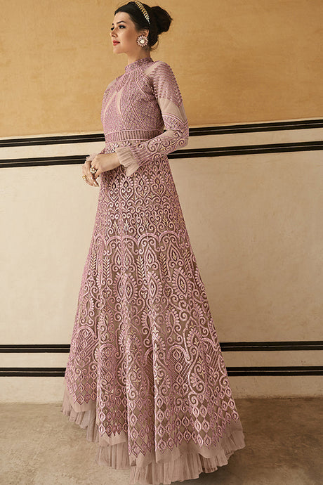 Net Embroidered Anarkali Dress Material In Light Pink