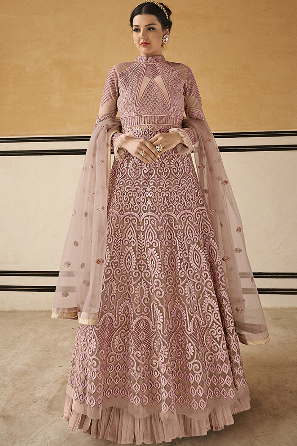 Net Embroidered Anarkali Dress Material In Light Pink