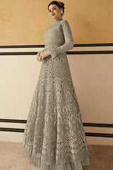 Net Embroidered Anarkali Dress Material In Light Grey