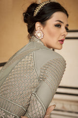 Net Embroidered Anarkali Dress Material In Light Grey