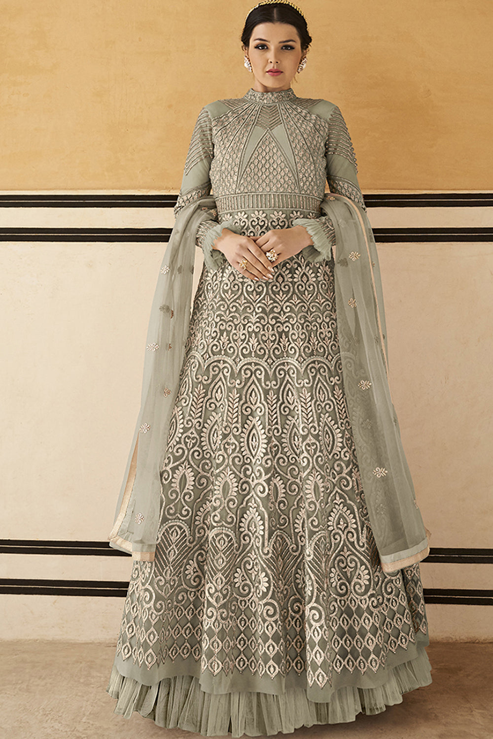 Net Embroidered Anarkali Dress Material In Light Grey