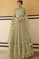 Net Embroidered Anarkali Dress Material In Green