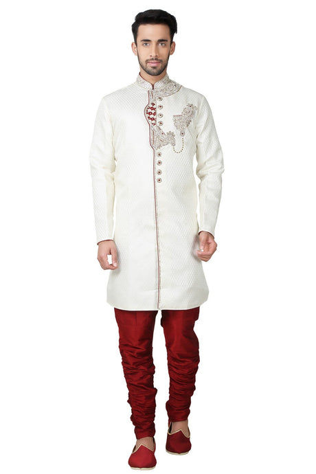 Buy Men's Brocade Hand Work Sherwani Set in White