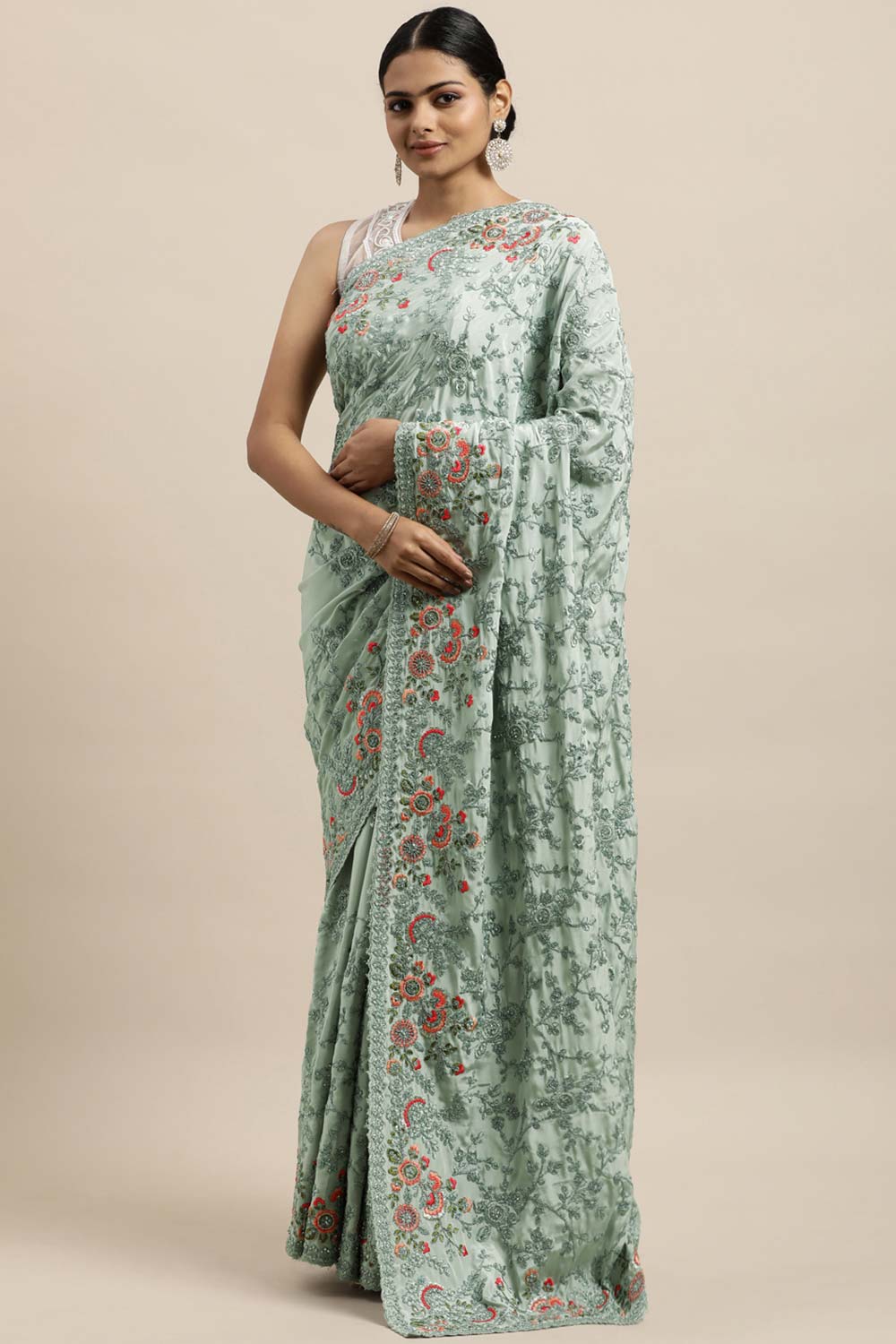 Crepe Embroidered Saree In Blue