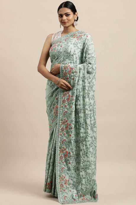 Crepe Embroidered Saree In Blue