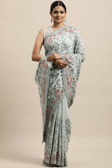 Crepe Embroidered Saree In Blue