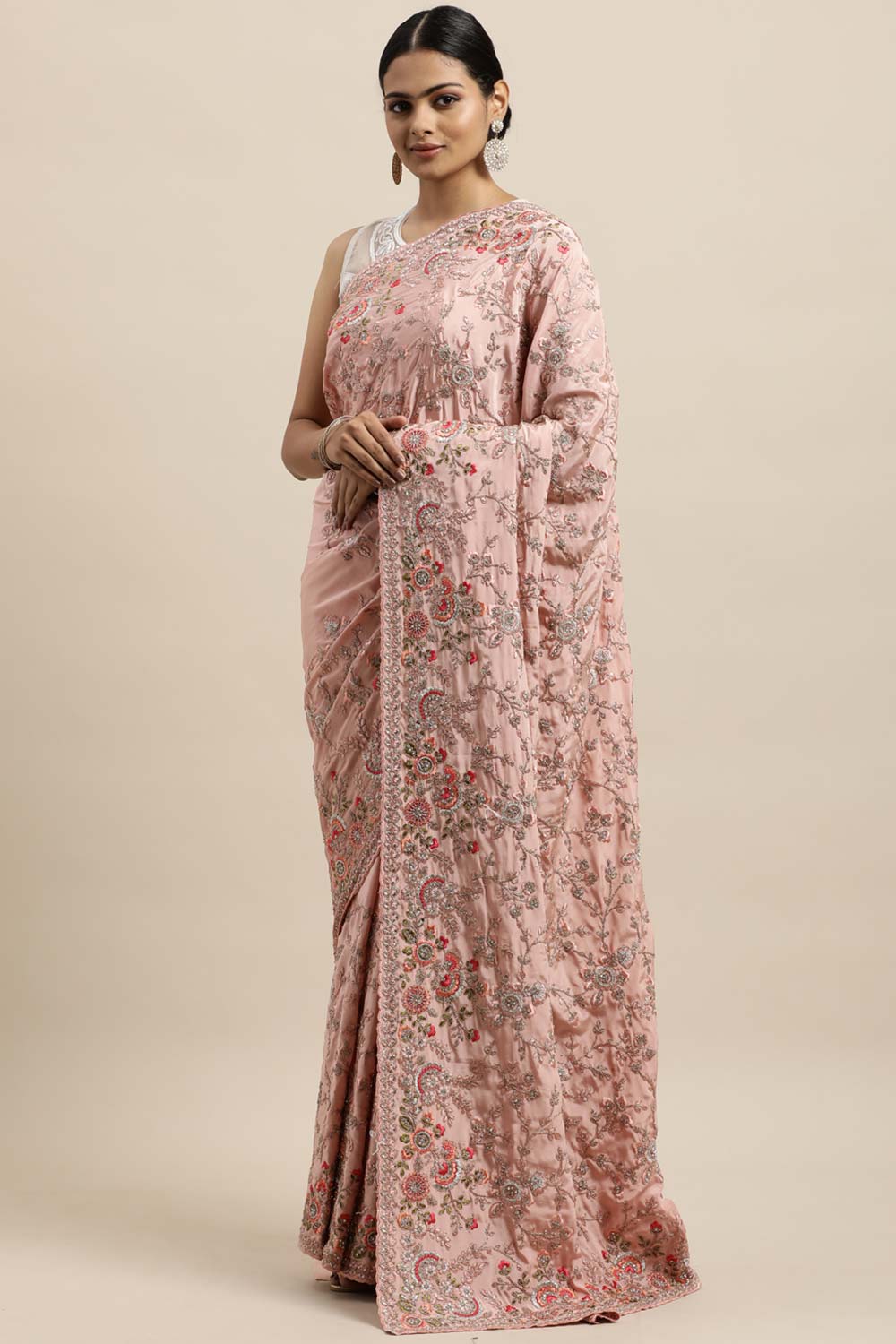 Crepe Embroidered Saree In Peach