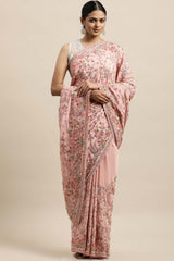 Crepe Embroidered Saree In Peach