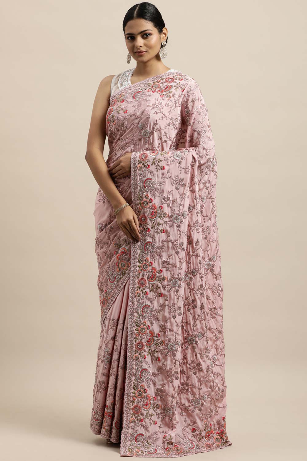 Crepe Embroidered Saree In Pink