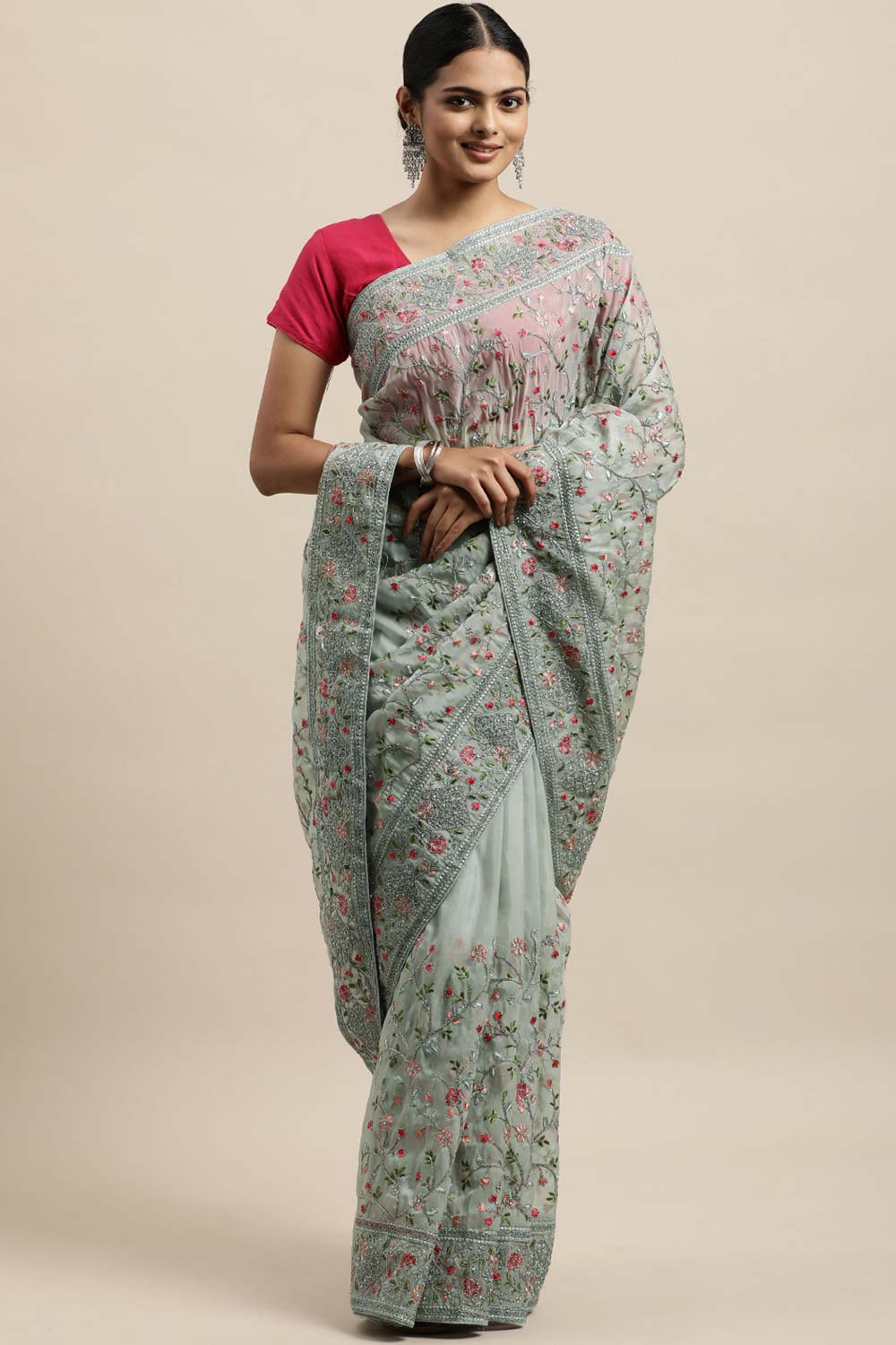 Organza Embroidered Saree In Grey