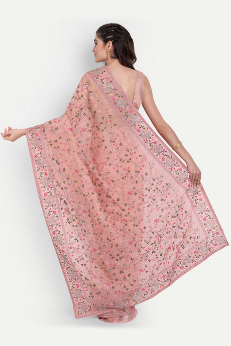 Pink Orgenza Multi Thread With Zari Embroidered  Saree