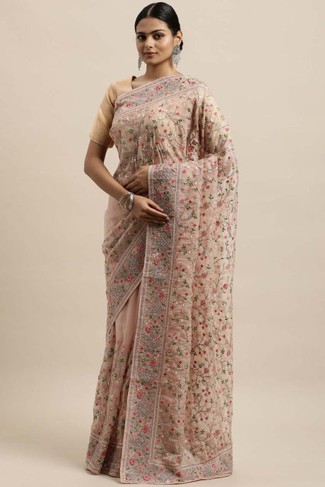 Organza Embroidered Saree In Peach