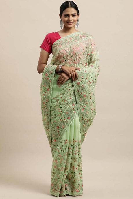 Organza Embroidered Saree In Pista