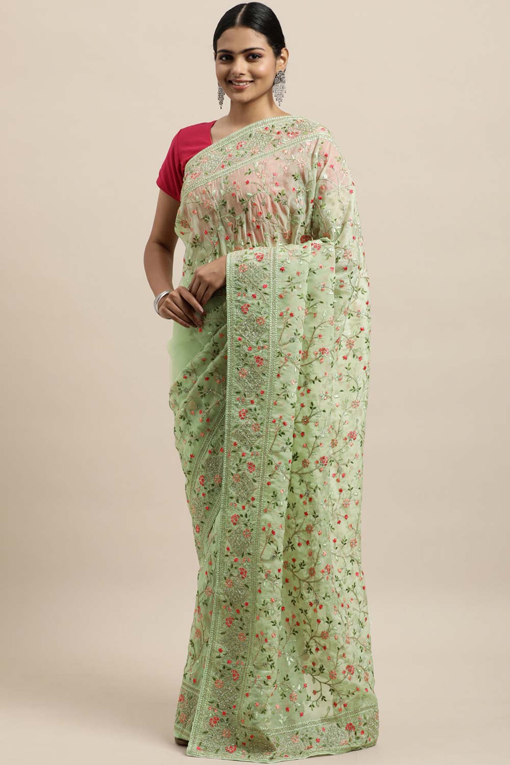 Organza Embroidered Saree In Pista