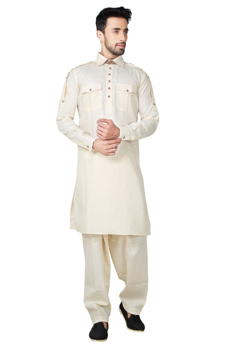 Buy Men's Cotton Linen Solid Pathani Set in Cream