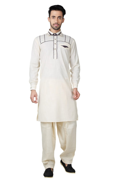 Buy Men's Cotton Linen Solid Pathani Set in Cream