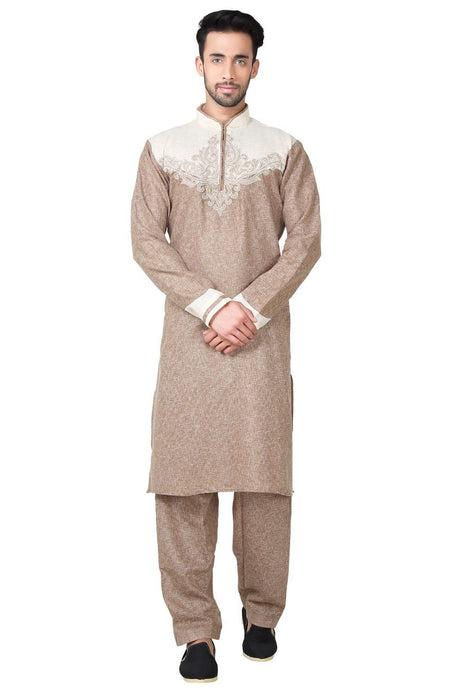 Buy Men's Cotton Linen Embroidery Pathani Set in Brown 